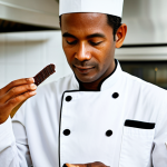 A professional male pastry chef, fully clothed in a clean, crisp chef's uniform, meticulously examining a high-quality vanilla bean from Madagascar. His well-formed hands are delicate and show perfect anatomy and a natural pose. The scene is set in a pristine, brightly lit professional kitchen with neatly organized high-end ingredients like single-origin chocolate bars and vibrant, fresh local fruits in the softly blurred background. Professional photography, high resolution, correct proportions, natural body proportions, proper finger count. Safe for work, appropriate content, fully clothed, professional dress, modest clothing, family-friendly.