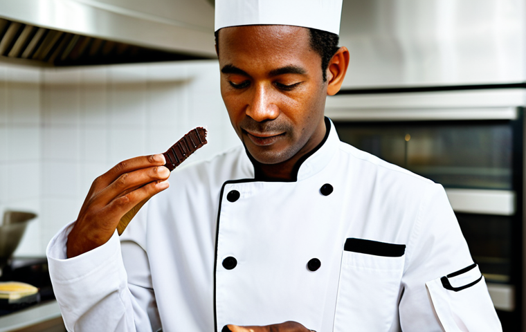 A professional male pastry chef, fully clothed in a clean, crisp chef's uniform, meticulously examining a high-quality vanilla bean from Madagascar. His well-formed hands are delicate and show perfect anatomy and a natural pose. The scene is set in a pristine, brightly lit professional kitchen with neatly organized high-end ingredients like single-origin chocolate bars and vibrant, fresh local fruits in the softly blurred background. Professional photography, high resolution, correct proportions, natural body proportions, proper finger count. Safe for work, appropriate content, fully clothed, professional dress, modest clothing, family-friendly.
