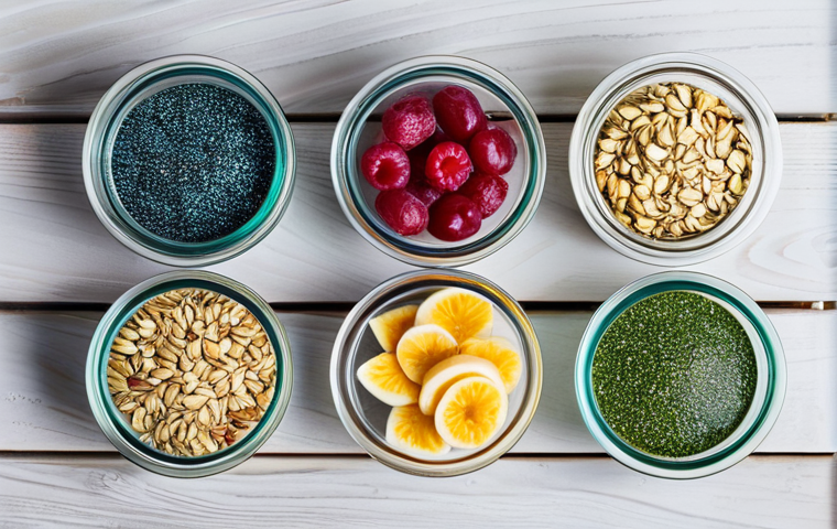 A vibrant flat lay composition of diverse healthy and functional snacks on a light wooden table. The display features artisanal protein bars crafted from dates and oats, colorful chia seed puddings in elegant glass jars, and small bowls brimming with fresh berries, nuts, and spirulina-infused yogurt. Natural light illuminates the scene, highlighting the textures and fresh ingredients. Professional food photography, sharp focus, high resolution, appealing colors, safe for work, appropriate content, fully clothed, modest, family-friendly.