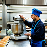 **

"A baker, fully clothed in a professional apron and chef's hat, carefully examines a used, but well-maintained, industrial-sized mixer in a brightly lit bakery. The background shows shelves stocked with baking ingredients and tools. Focus on the details of the mixer – its attachments and overall condition. Safe for work, appropriate content, professional, perfect anatomy, natural proportions, high-quality resolution."

**