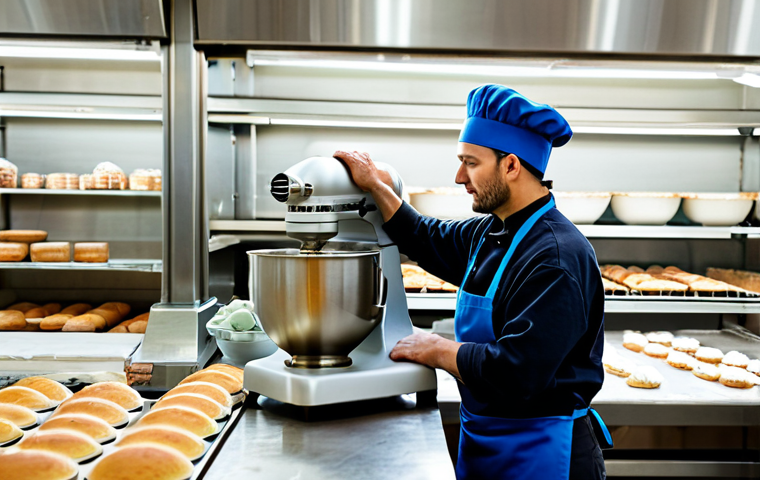 **

"A baker, fully clothed in a professional apron and chef's hat, carefully examines a used, but well-maintained, industrial-sized mixer in a brightly lit bakery. The background shows shelves stocked with baking ingredients and tools. Focus on the details of the mixer – its attachments and overall condition. Safe for work, appropriate content, professional, perfect anatomy, natural proportions, high-quality resolution."

**
