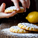 Lemon Cookies**

"Close-up of perfectly crisp lemon cookies with a light dusting of powdered sugar, arranged artfully on a rustic wooden surface. Focus on texture and vibrant lemon zest. Natural light, shallow depth of field. Fully clothed hands gently placing a cookie.  Safe for work, appropriate content, professional food photography, perfect anatomy, natural proportions, fully clothed, family-friendly."

**