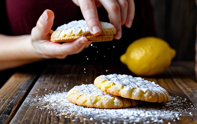 Lemon Cookies**

"Close-up of perfectly crisp lemon cookies with a light dusting of powdered sugar, arranged artfully on a rustic wooden surface. Focus on texture and vibrant lemon zest. Natural light, shallow depth of field. Fully clothed hands gently placing a cookie.  Safe for work, appropriate content, professional food photography, perfect anatomy, natural proportions, fully clothed, family-friendly."

**