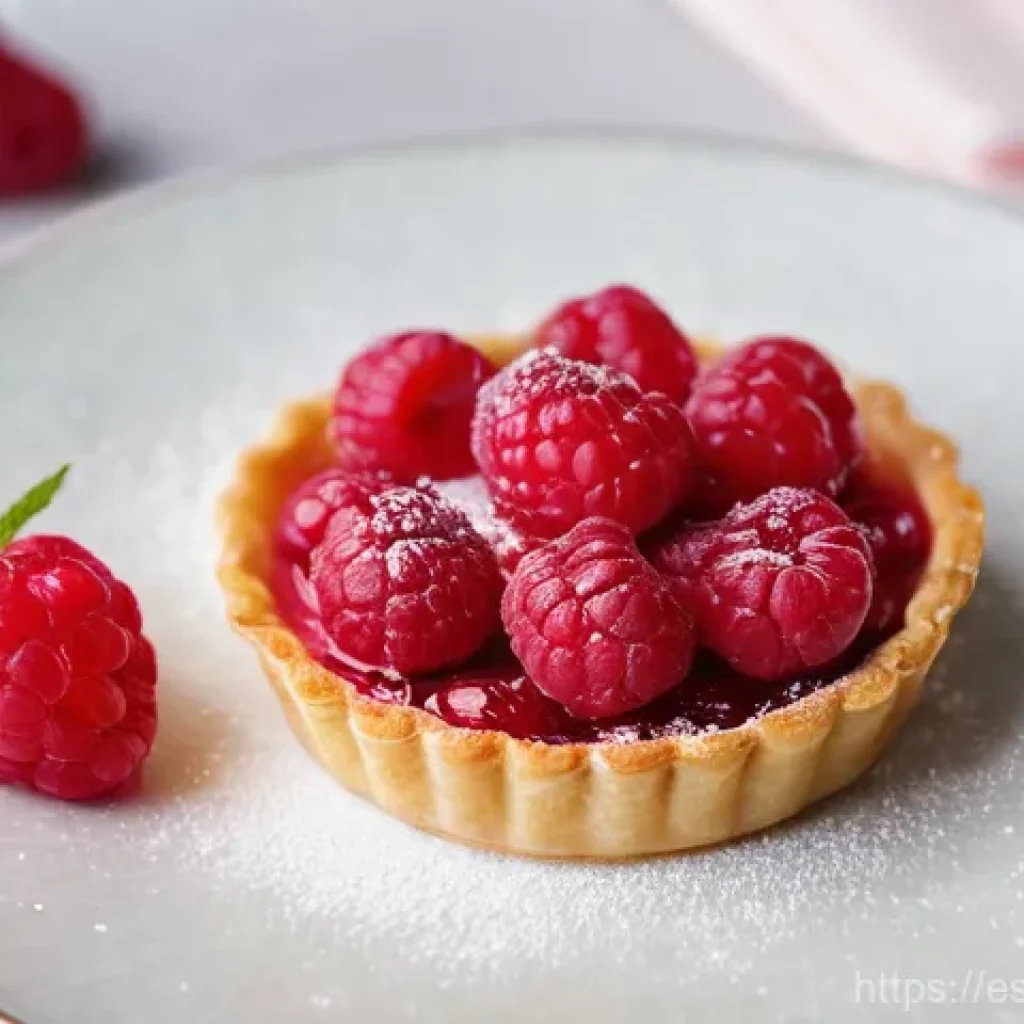 소포장 제과 제품 - **Prompt:** A close-up, high-angle shot of an exquisitely crafted mini-raspberry tart, perfectly por...