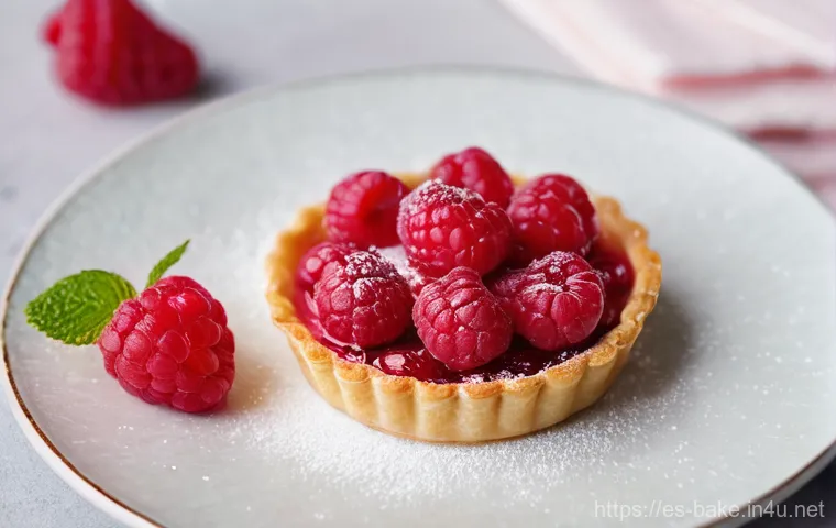 소포장 제과 제품 - **Prompt:** A close-up, high-angle shot of an exquisitely crafted mini-raspberry tart, perfectly por...