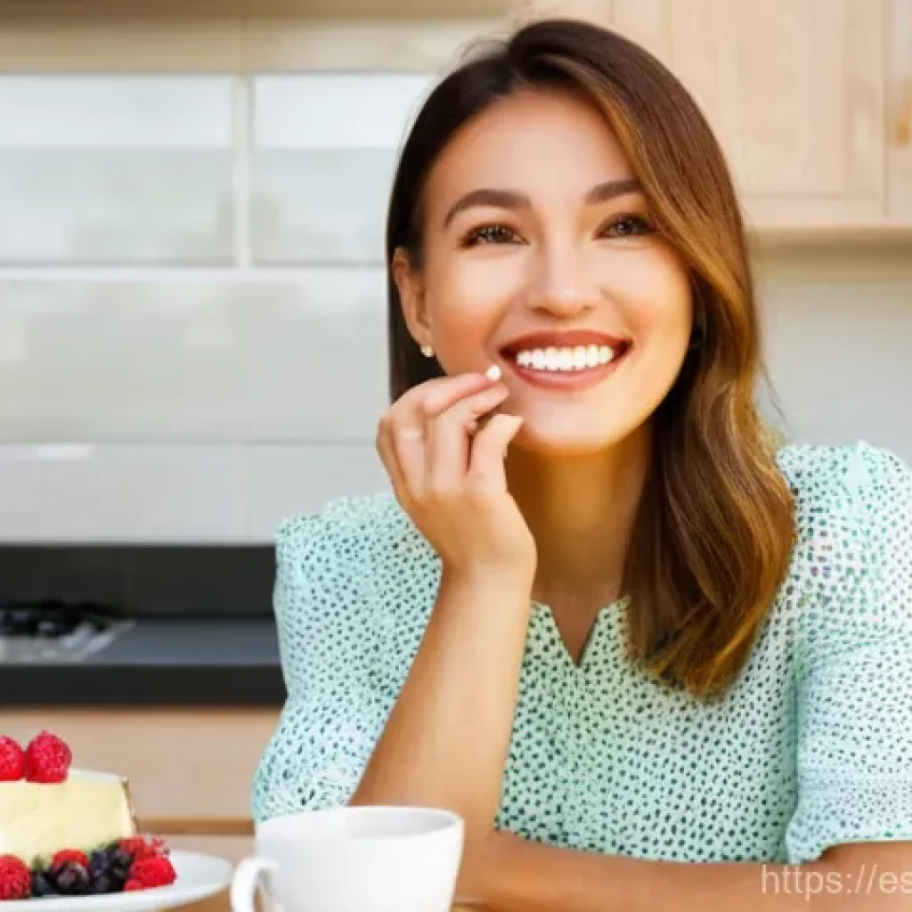 슈퍼푸드가 포함된 제과 제품 - **Prompt 1:** A close-up shot of a radiant woman in her late 20s, with a genuine smile, delicately t...