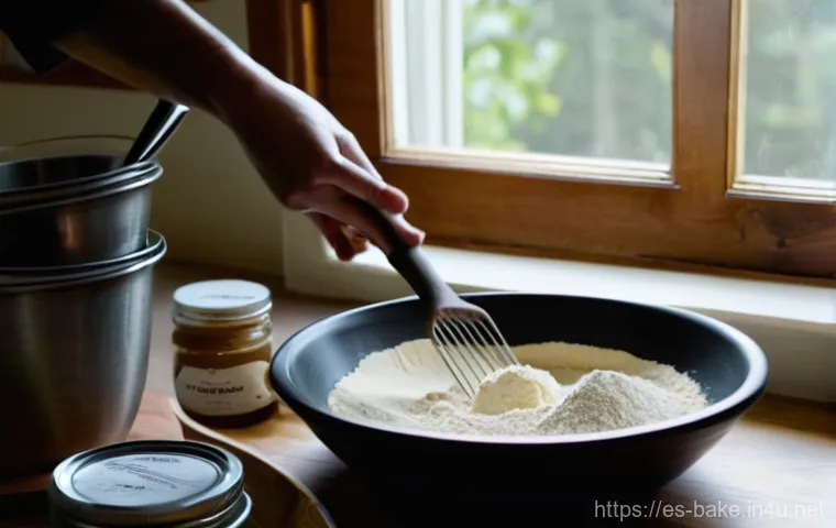 홈메이드 제과 레시피 - **Prompt:** A close-up shot of a rustic wooden kitchen counter, bathed in warm, natural light from a...