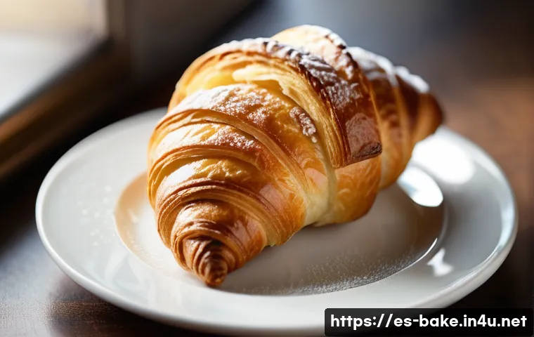 프랑스식 제과 제품 - **Golden Croissant, Parisian Morning:** A photorealistic image of a perfectly baked golden-brown cro...