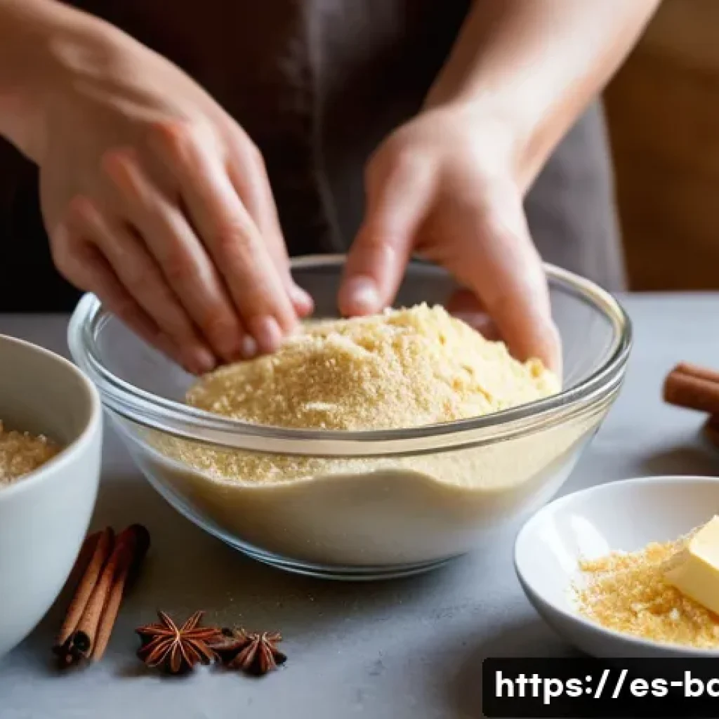 핸드메이드 과자 레시피 - A warm, inviting kitchen scene featuring a baker’s hands mixing soft, room-temperature butter with w...
