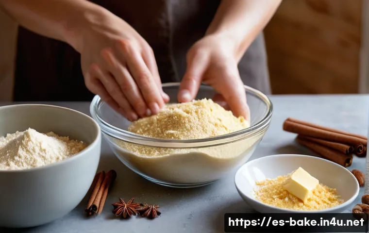 핸드메이드 과자 레시피 - A warm, inviting kitchen scene featuring a baker’s hands mixing soft, room-temperature butter with w...
