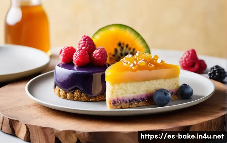 디저트 과자 브랜드별 인기 - A vibrant and elegant dessert display showcasing organic, natural ingredients: fresh exotic fruits l...