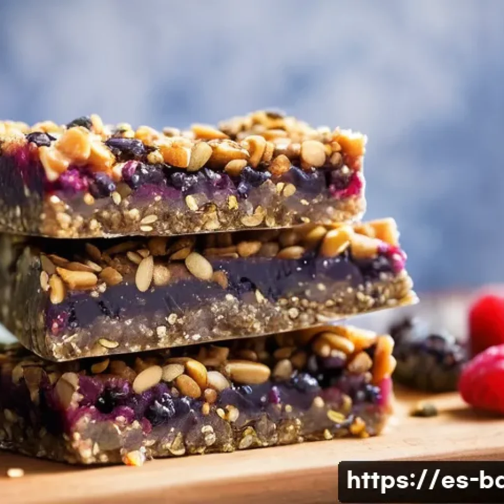 에너지바 제조사 - A vibrant, high-resolution close-up of a nutritious energy bar embedded with visible superfoods like...