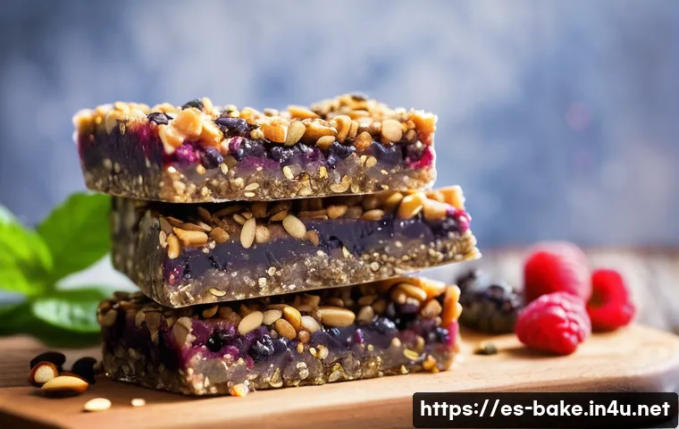 에너지바 제조사 - A vibrant, high-resolution close-up of a nutritious energy bar embedded with visible superfoods like...