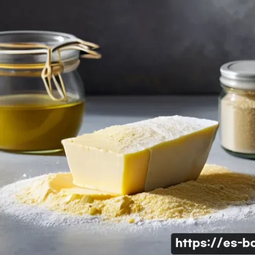 Home 31 제과 공정별 원료 - A detailed, warm kitchen scene showcasing a baker carefully selecting different types of flours and ...