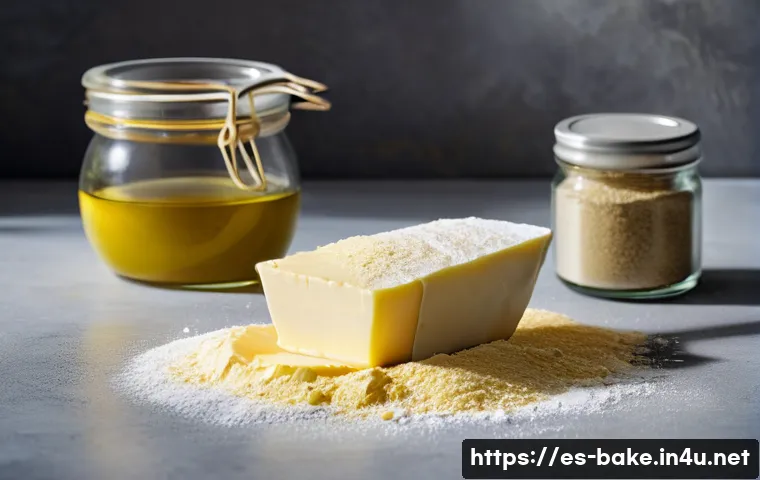 제과 공정별 원료 - A detailed, warm kitchen scene showcasing a baker carefully selecting different types of flours and ...