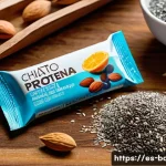 Home 18 에너지바 제품 비교 - A vibrant, close-up image of a high-protein energy bar on a rustic wooden surface, featuring visible...