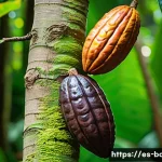Home 22 초콜릿 원료 비교 - A detailed close-up of ripe cacao pods growing on a tropical tree trunk in a lush Latin American rai...