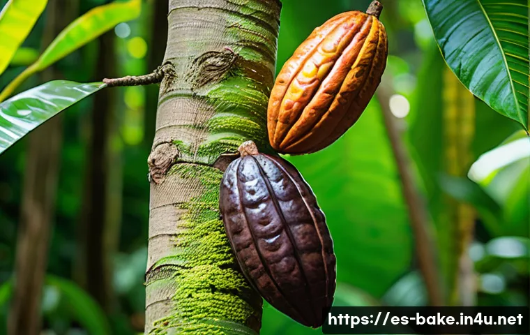 초콜릿 원료 비교 - A detailed close-up of ripe cacao pods growing on a tropical tree trunk in a lush Latin American rai...
