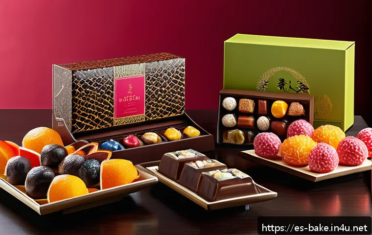 수입 제과 제품 - A vibrant and artistic display of imported exotic sweets from around the world, featuring colorful J...