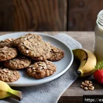 오트밀 쿠키 제품 - A cozy kitchen scene featuring a rustic wooden table with a plate of homemade oatmeal cookies topped...