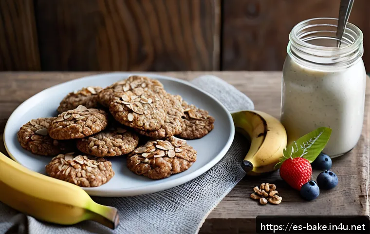 오트밀 쿠키 제품 - A cozy kitchen scene featuring a rustic wooden table with a plate of homemade oatmeal cookies topped...