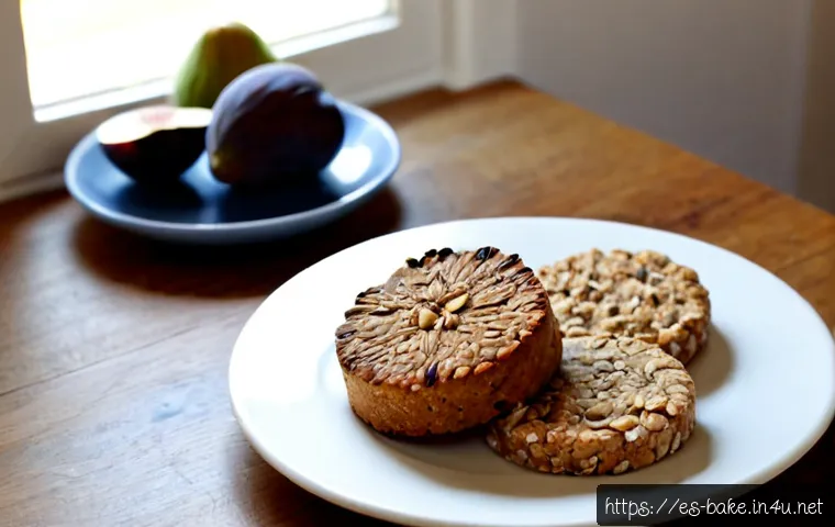 식이섬유가 풍부한 제과 제품 - Photorealistic close-up of high-fiber baked goods on a rustic Spanish kitchen table: whole-grain oat...
