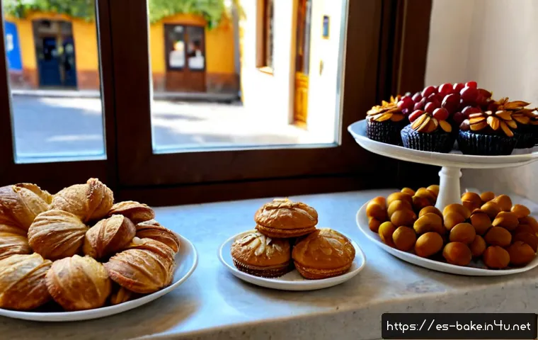 Home 17 비건 제과 제품 - Photorealistic artisan vegan pastry display in a bright Spanish neighborhood bakery, golden oat cook...
