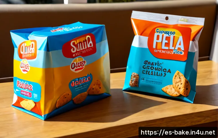 Home 17 과자 포장 디자인 트렌드 - Photorealistic premium snack packaging trend display for a Spanish supermarket concept, three unbran...