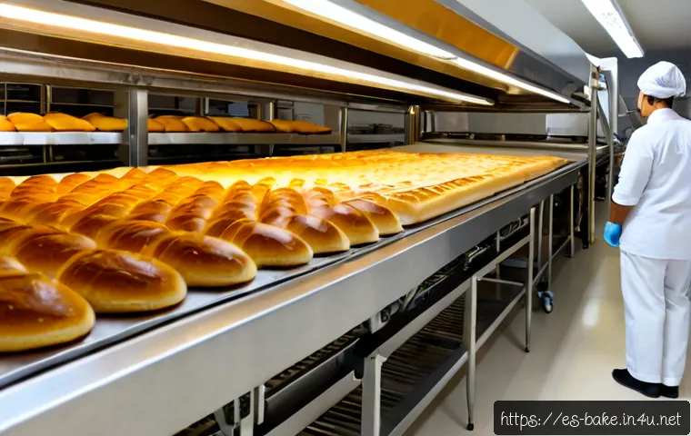 Home 17 디저트 공장에서 만드는 빵 - Photorealistic wide view inside a modern Spanish pastry factory, fresh golden brioche rolls moving n...